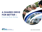 "A shared drive for better - Community. Planet. Workday" 2022 Cintas ESG report. Logo in the bottom left corner. Collage of swooping pictures on the right; a group of smiling people, the earth from space, and a cintas delivery truck.