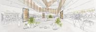 Sketch of an open, multi-story office space