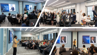 Collage of four photos of groups of people listening to speakers in a conference room.