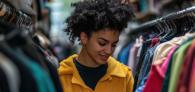 A smiling person looking at long racks of hanging clothing.