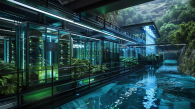 Depiction of water running next to a glass building 