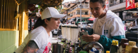 A transaction at a smoothie bar