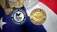 Two award badges "Military Friendly" and "Best for Vets" over a flag, and dog tags with Comcast logo.