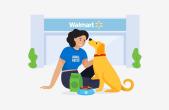 drawing of a woman in a blue shirt which says "animal shelter" petting a yellow dog in front of a walmart store
