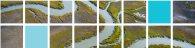 large pixels aligned to reveal an aerial photo of a winding water way.
