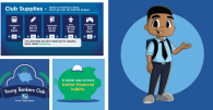 Collage of images. "Young bankers club" fifth third bank logo, a piggy bank, a digital drawn child waving with a back pack on, and "Club supplies" statistics.
