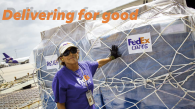 Woman standing in front of FedEx Cares cargo