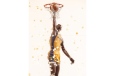 Close-up view of bronze Los Angeles Sparks basketball player Lisa Leslie statue reaching through the hoop as gold confetti falls around it.