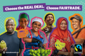 Six farmers smile to camera and display their products: cocoa, bananas, coffee, and coconut sugar. 