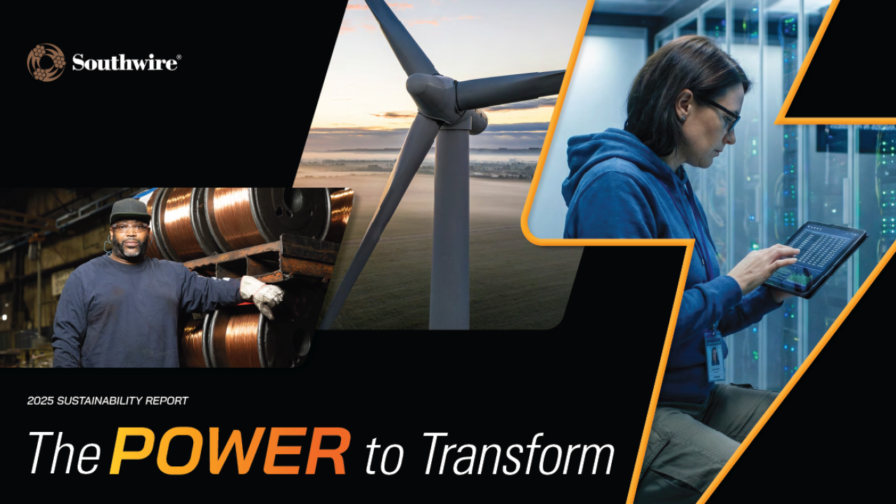 Cover of Southwire's 2025 Sustainability Report showing a wind turbine, person at a data center, and Southwire team member