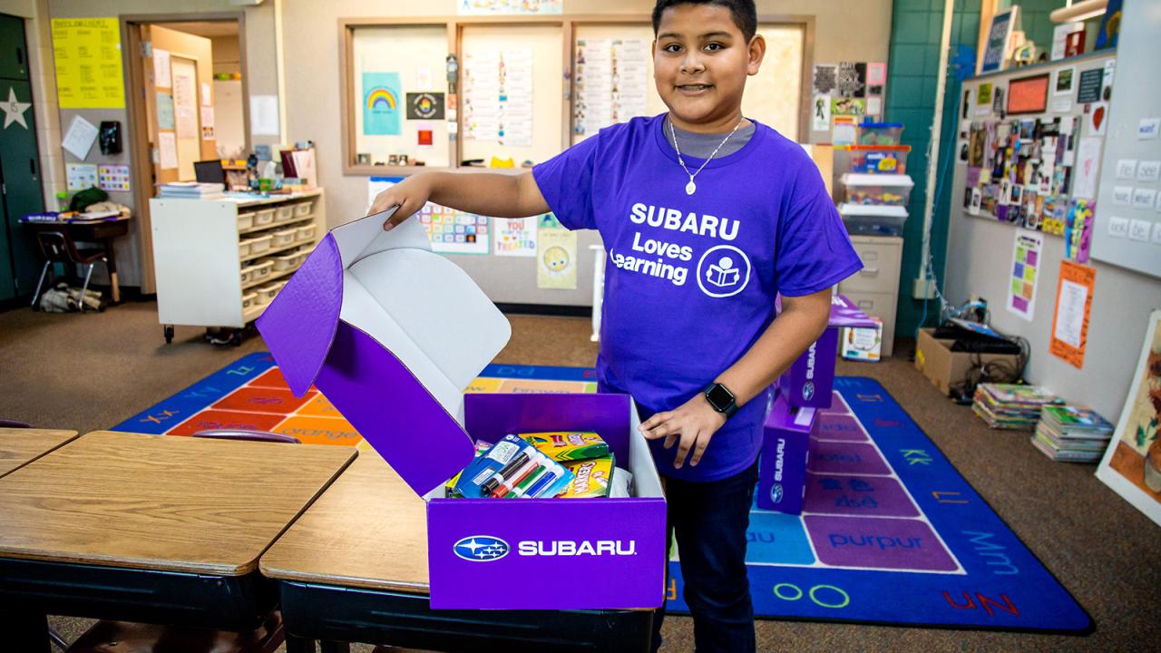 A child opening a purple box with supplies in it