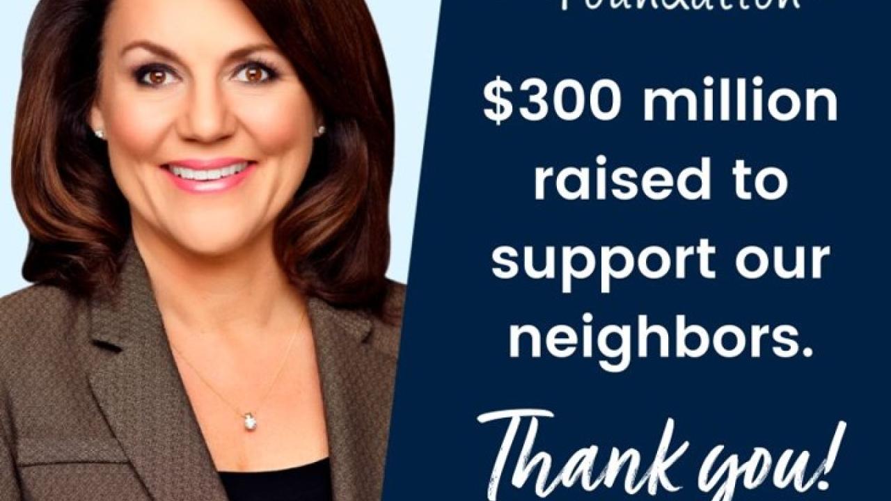 Susan Morris, COO of Albertsons Companies, and text that reads "Albertsons Companies Foundation $300 million raised to support our neighbors. Thank you!"