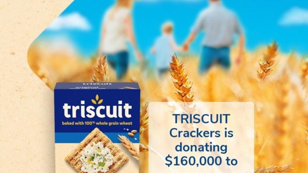 Family walking through cornfield with box of Triscuits and text that reads "TRISCUIT Crackers is donating $160,000 to nourishing neighbors"