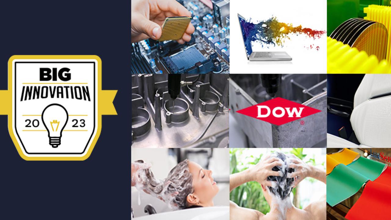 Grid of 9 photos showing Dow products and the Dow logo alongside "Big Innovation" logo