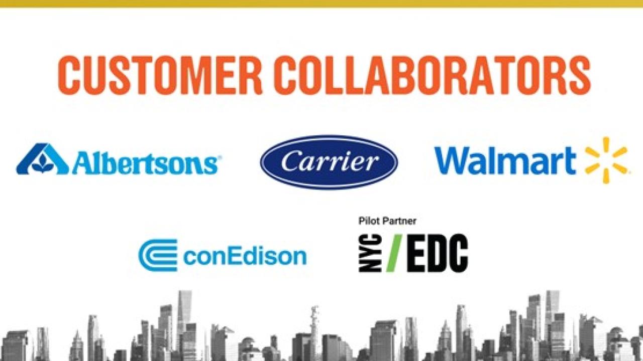 Photo with text that reads "Customer Collaborators" and logos for Albertsons, Carrier, Walmart, conEdison, and NYC/EDC
