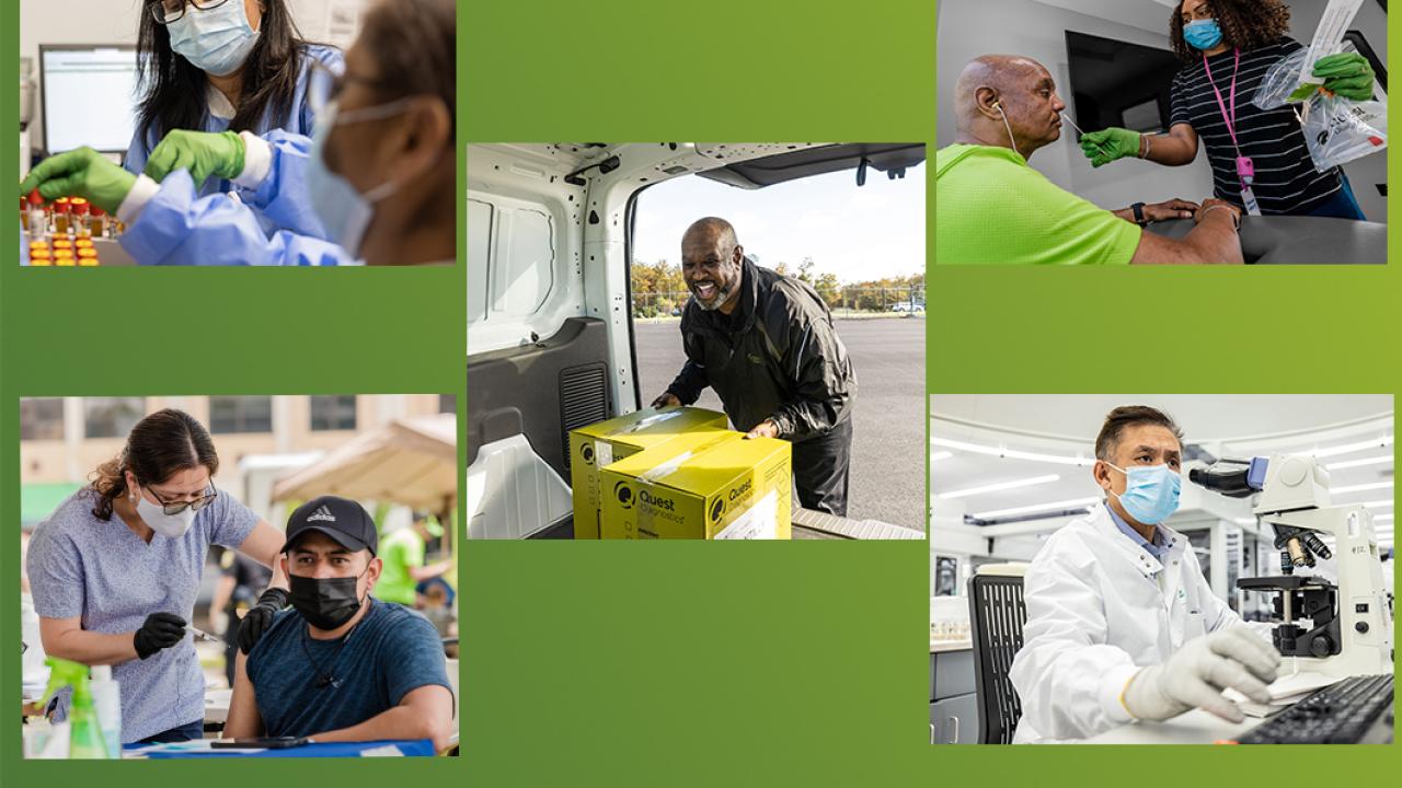 Collage of 5 Quest Diagnostics employees working various jobs