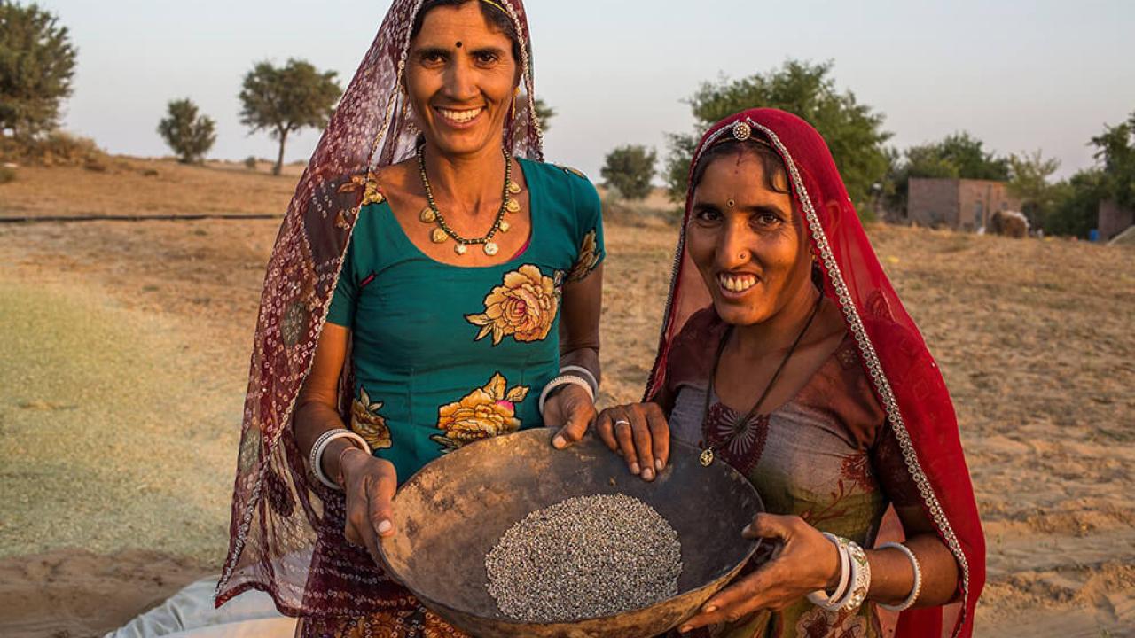 two people holding a container of seeds outside