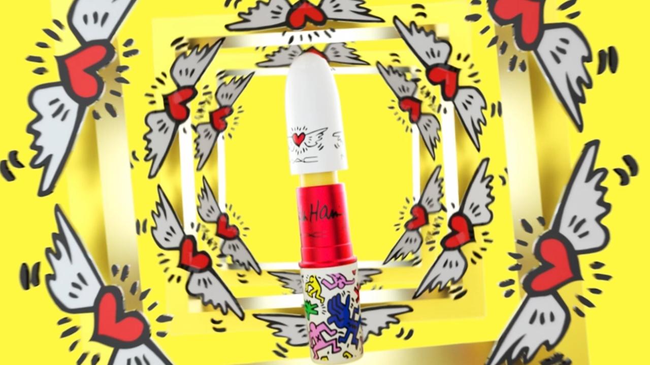 MAC lipstick on yellow background surrounded by Keith Haring illustrations