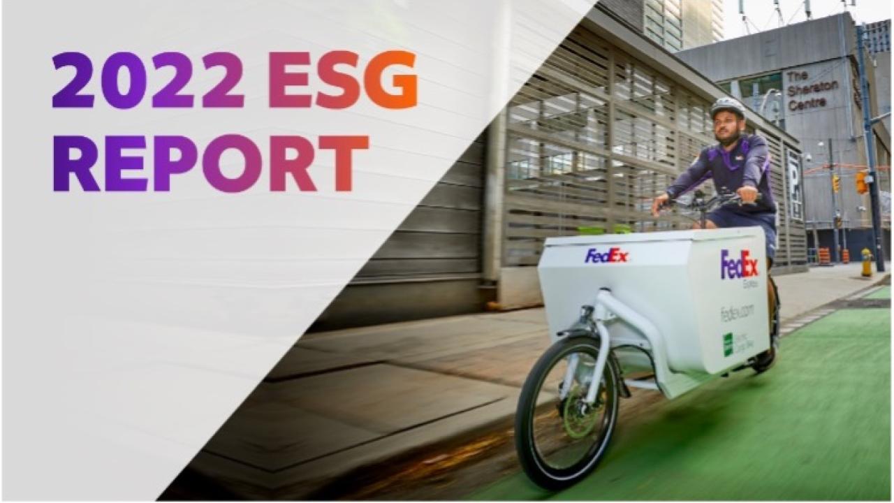 "2022 ESG Report" with image of FedEx bicycle delivery