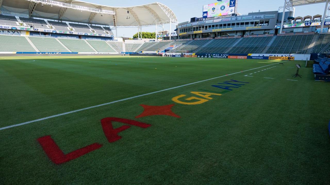 The field at Dignity Health Sports Park decorated in Pride colors during the LA Galaxy's Pride Night.