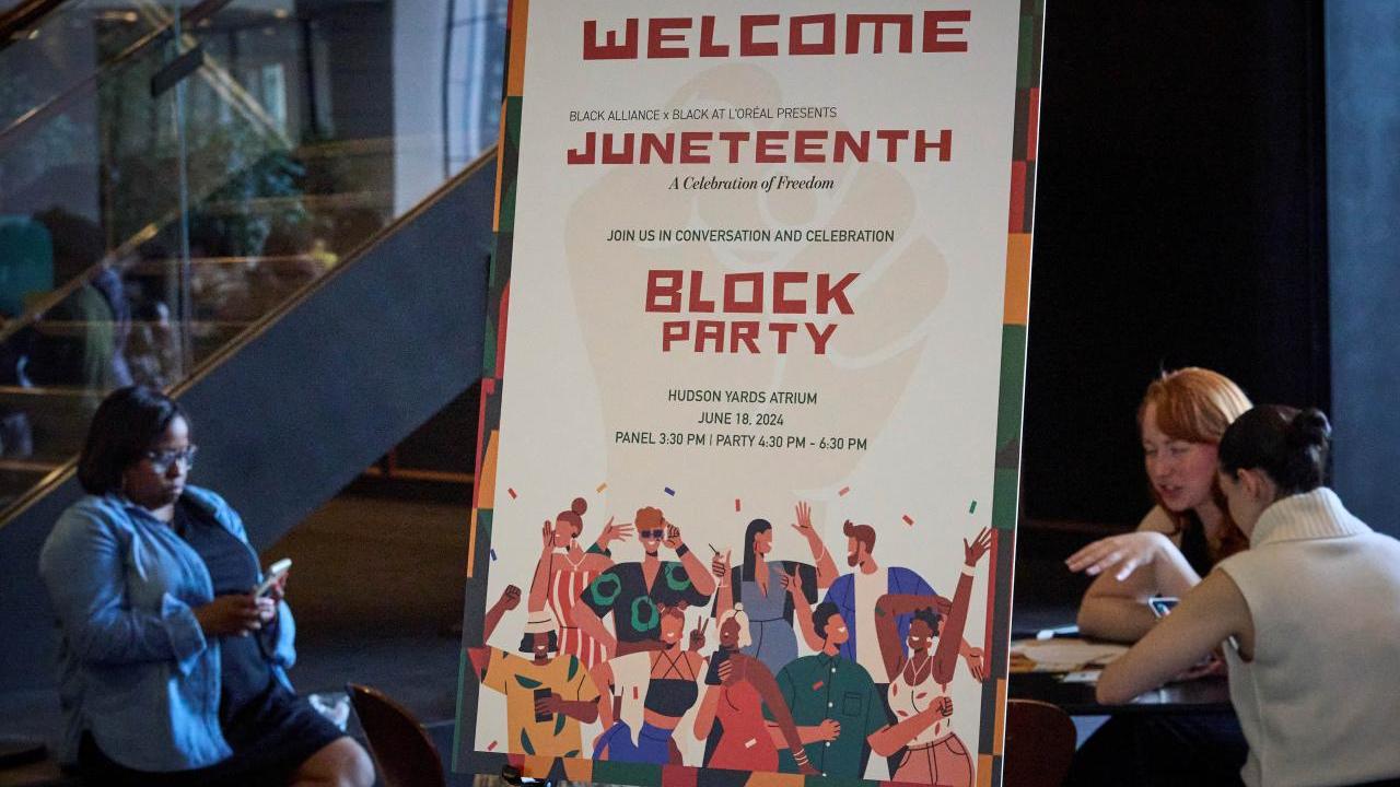 Sign that says "Welcome Juneteenth Block Party"