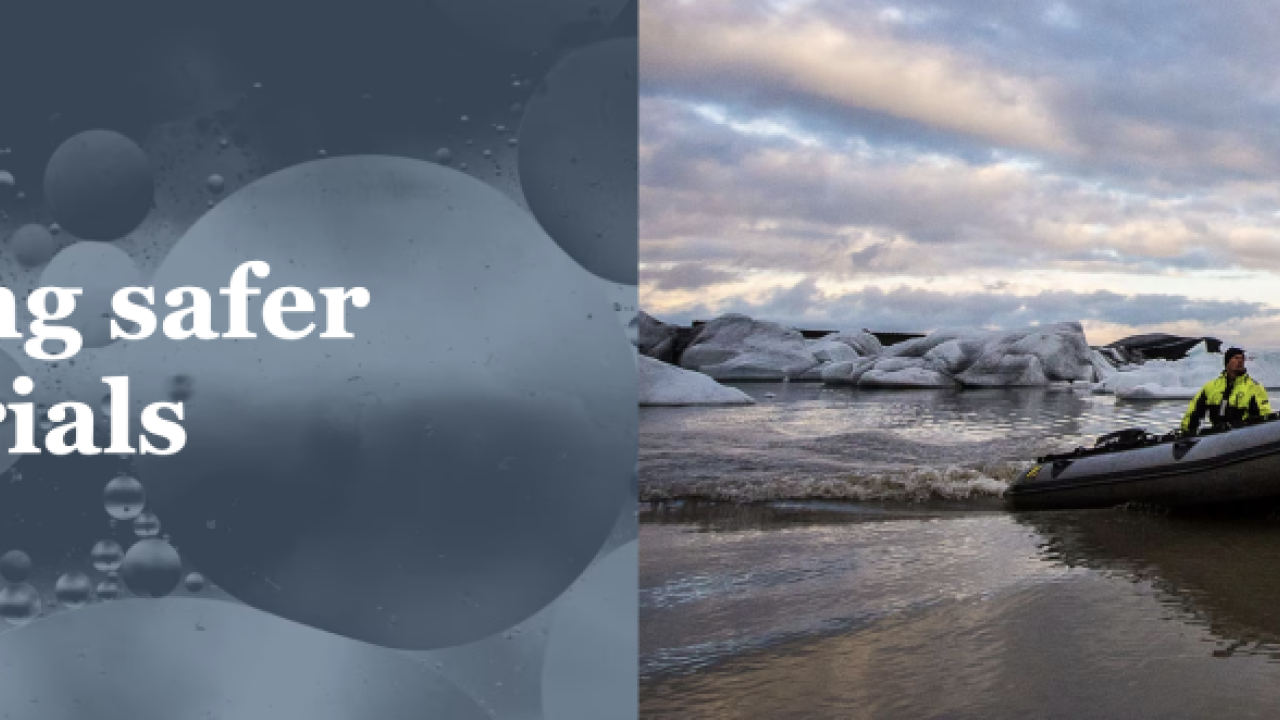 Graphic with the text, "Innovating Safer Materials," next to an image of a man in a small boat surrounded by glaciers