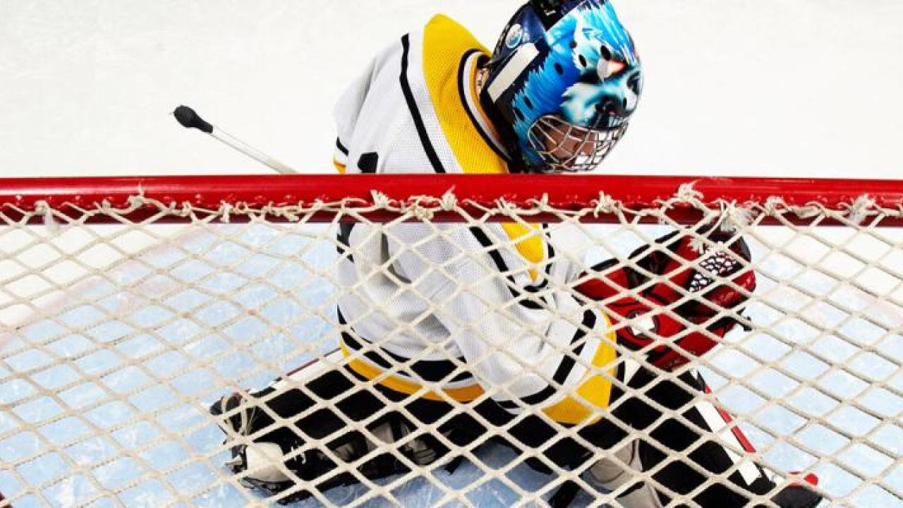 Hockey player by net