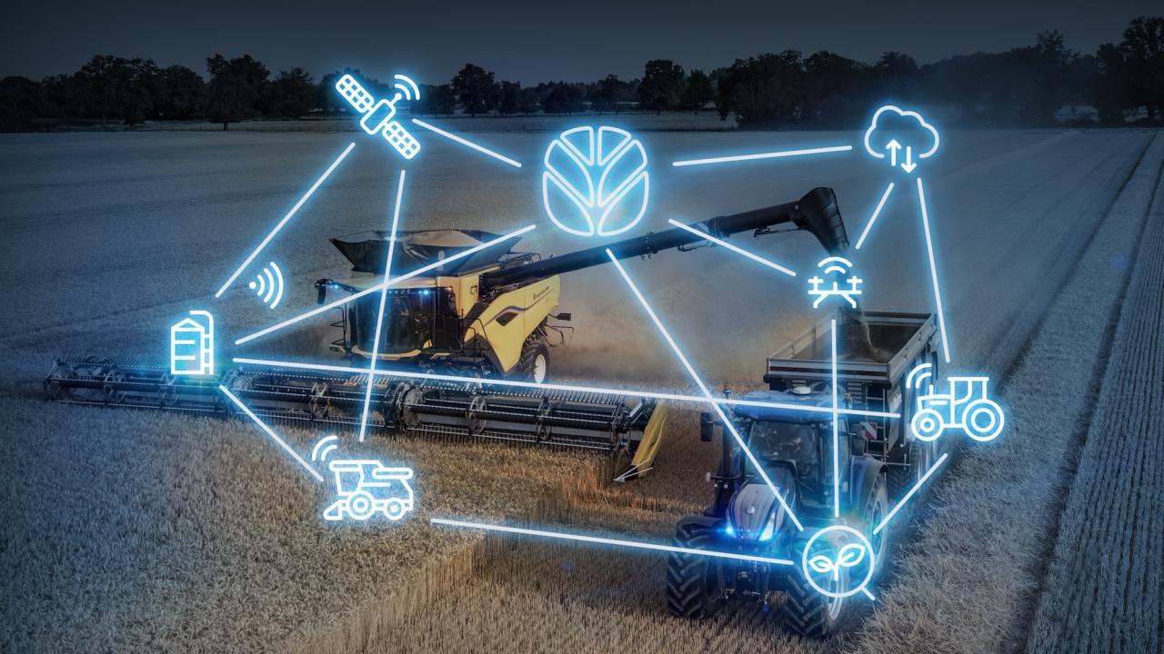 Technology and agriculture illustrations over the top of a crop field 