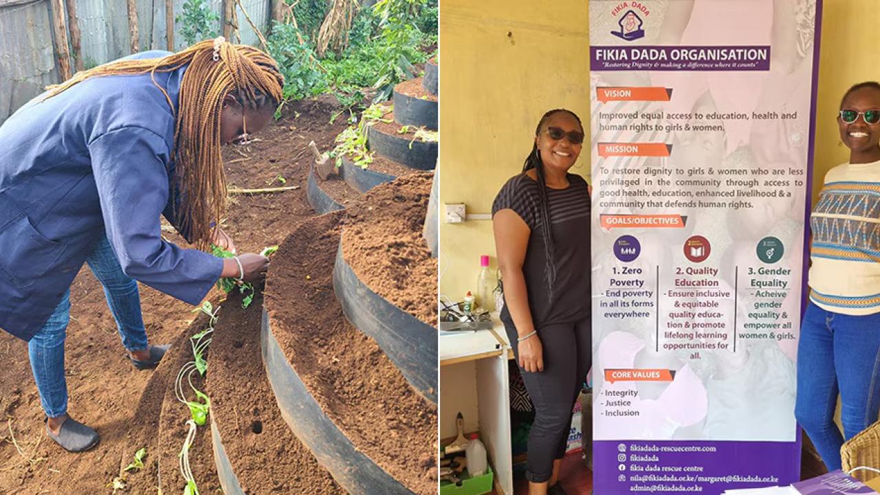 Two separate photo's, photo on the left is a person gardening, photo on the right is two people stood either side of a banner