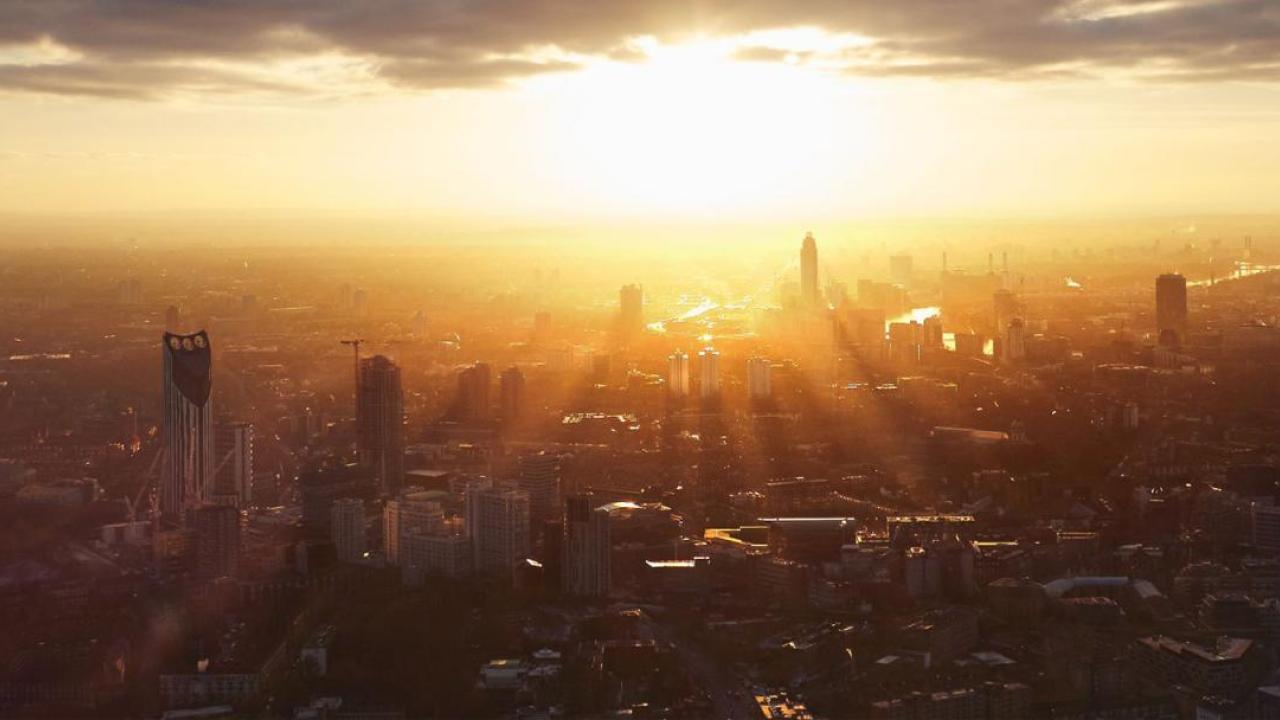 A skyline at sunset