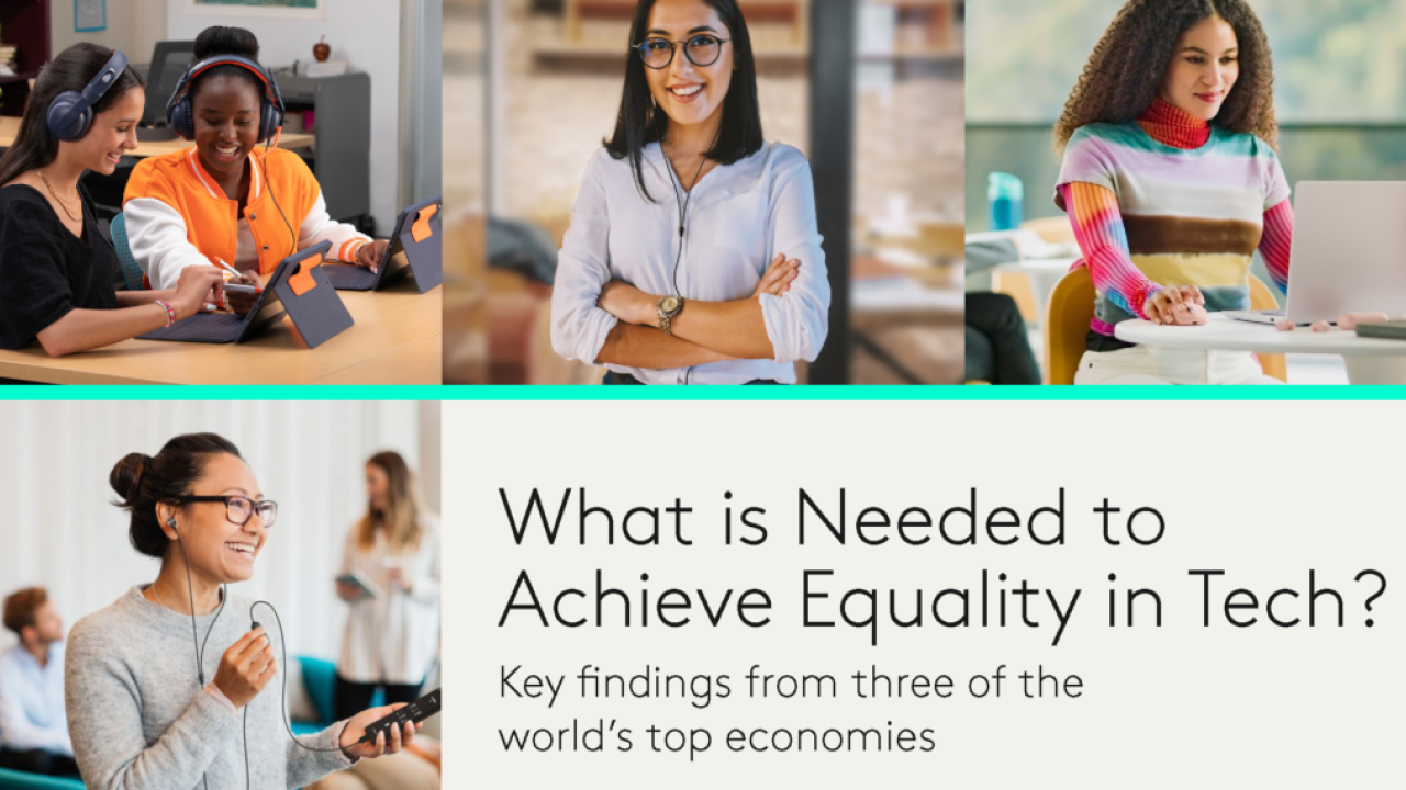 Collage of tech workers, with text: "What is needed to achieve equality in tech?" Key findings from three of the world's top economies