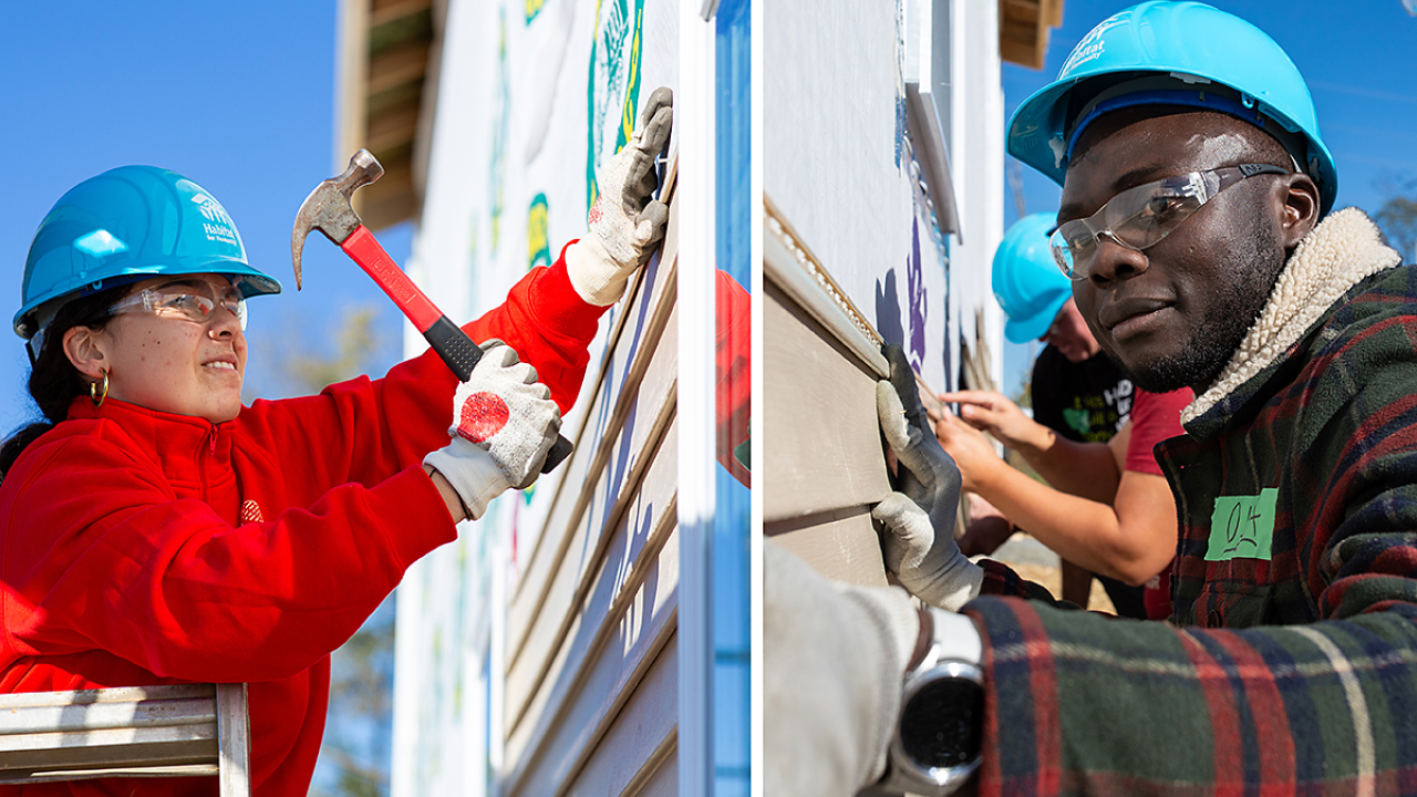 A collage of two people in blue hard hats working on homes