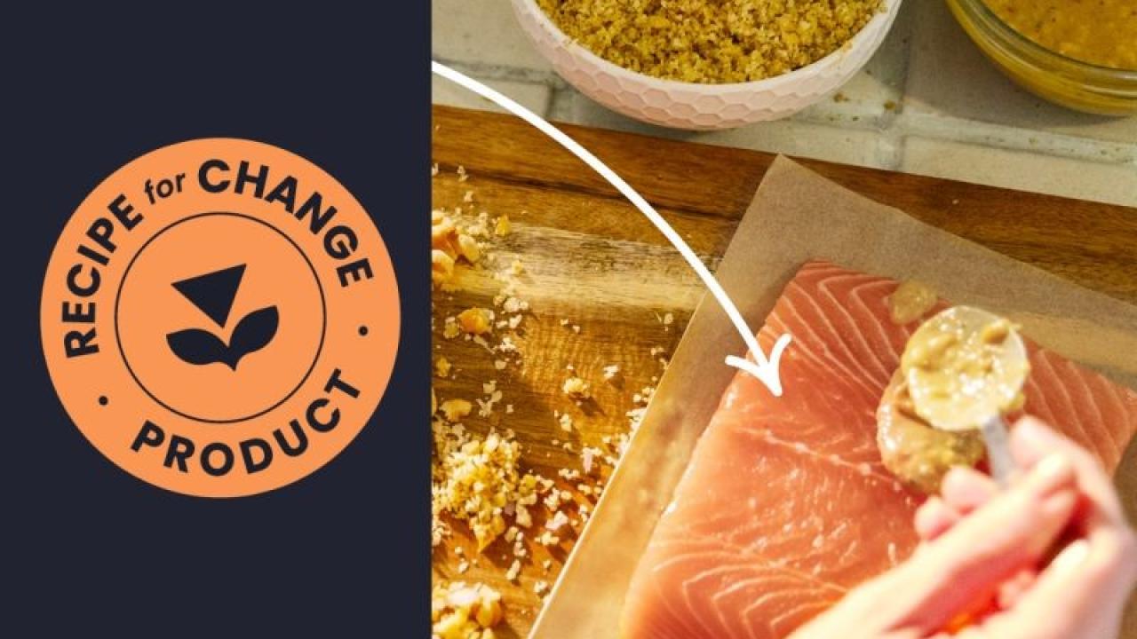Albertsons Recipe for Change product logo next to a hand spooning mustard onto a piece of salmon.
