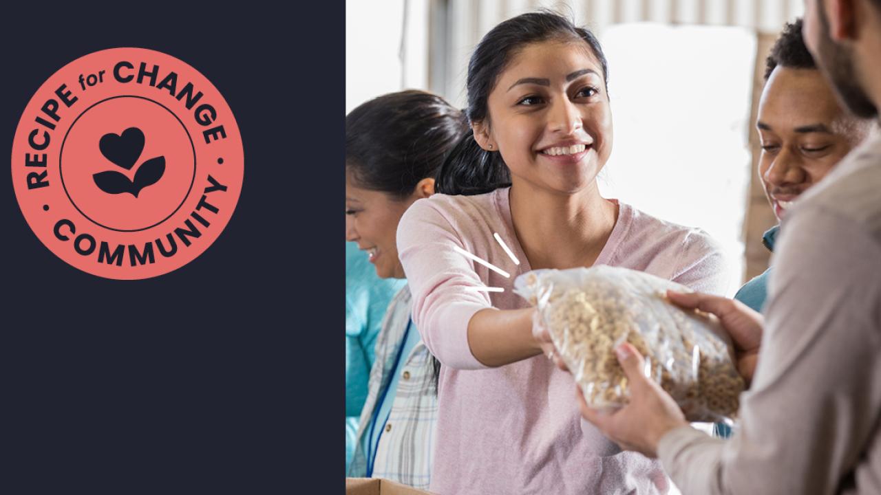 Albertsons Recipe for Change community logo next to a woman handing a package of dried goods to someone.