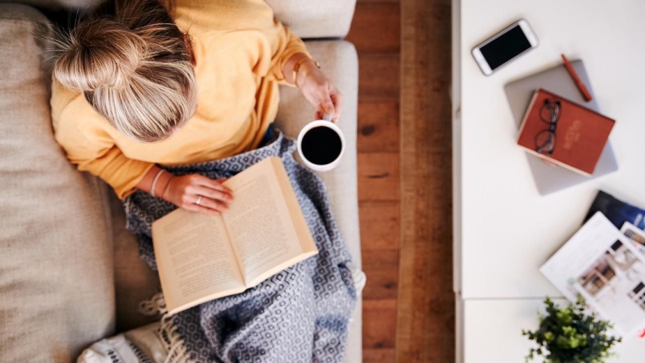 Aerial view of a woman reading a book on a couch