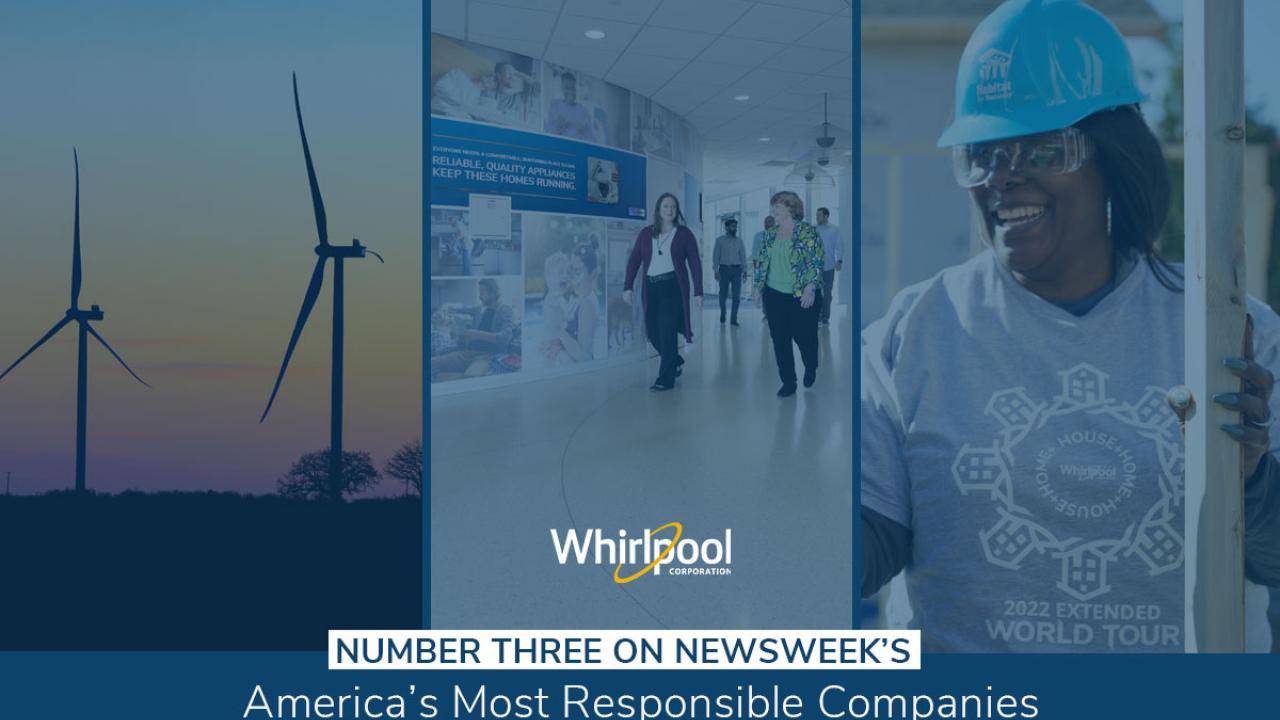 Collage of 3 photos. Wind turbines; employees walking down a hallway;  employee with hardhat and goggles smiles