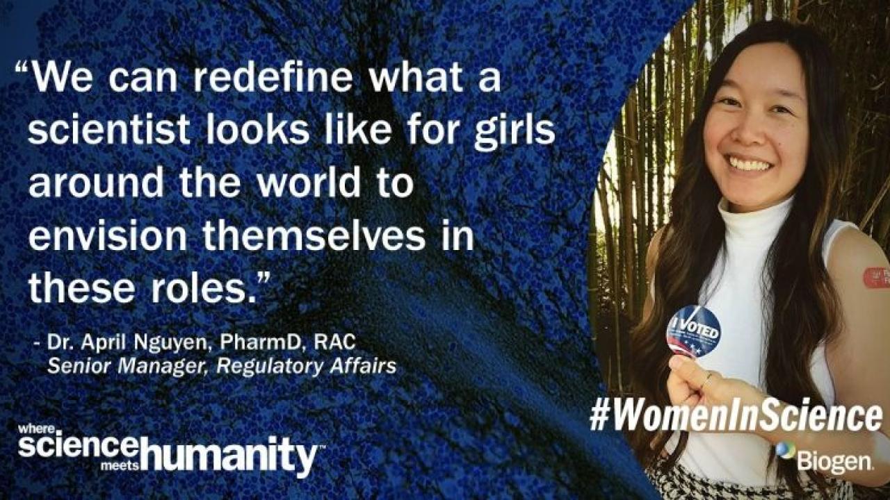 Headshot of April Nguyen with text reading, "We can redefine what a scientist looks like for girls around the world to envision themselves in these roles."