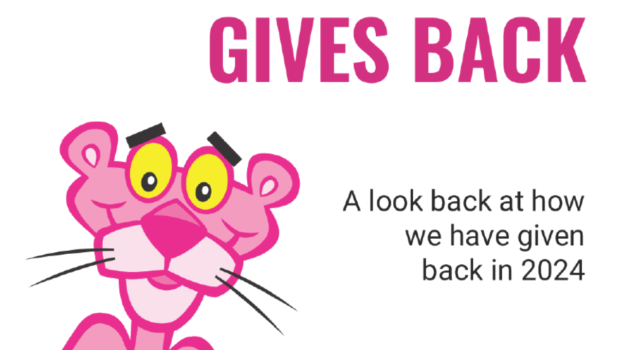 "Owens Corning Gives Back". Pink panther makes heart with hands.