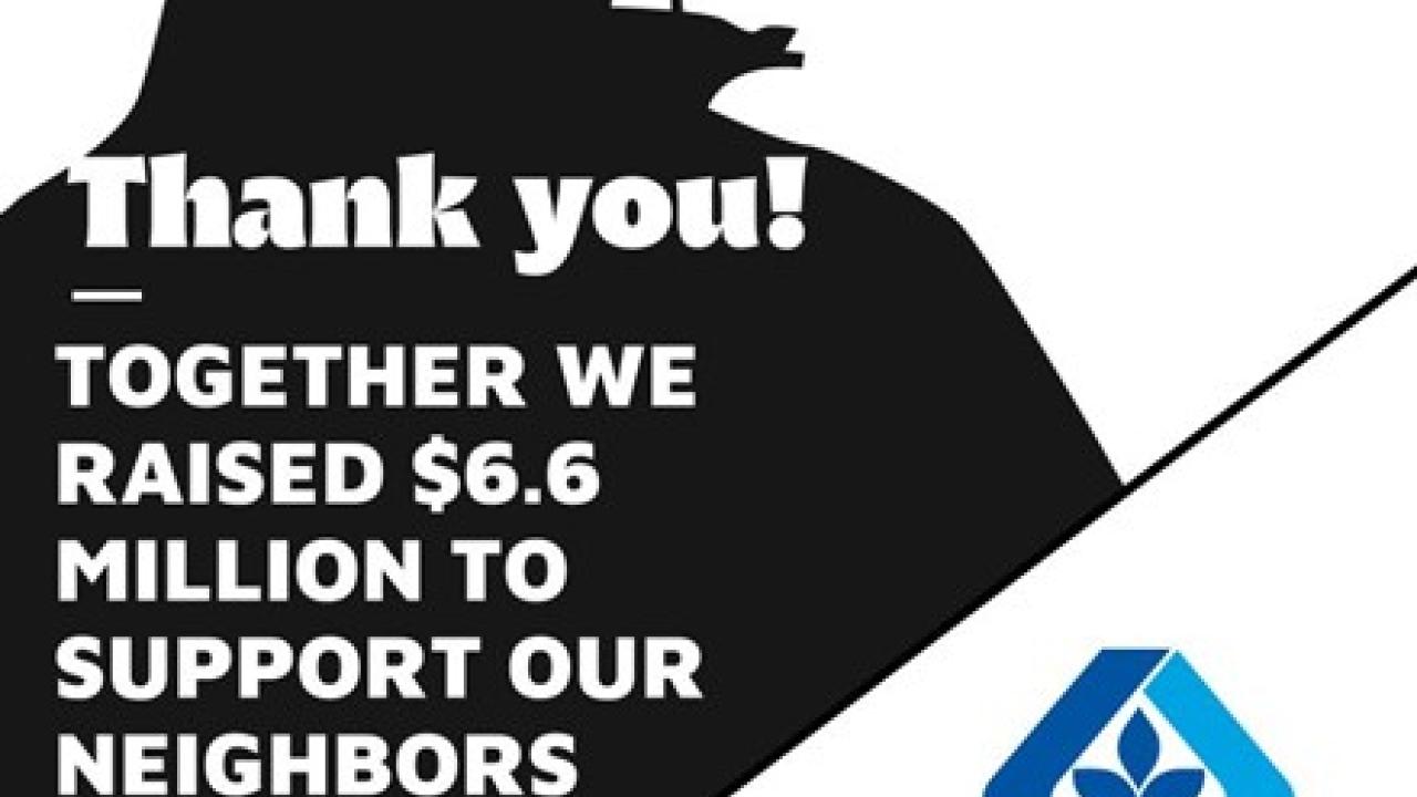 Graphic of outline of a firefighter that says "Thank you! Together we raised $6.6 million to support our neighbors impacted by the fires in Los Angeles.