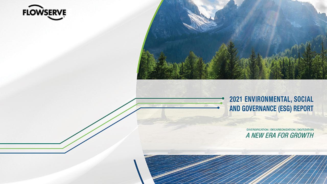 Flowserve 2021 ESG Report Cover featuring image of sun shining on mountains and trees