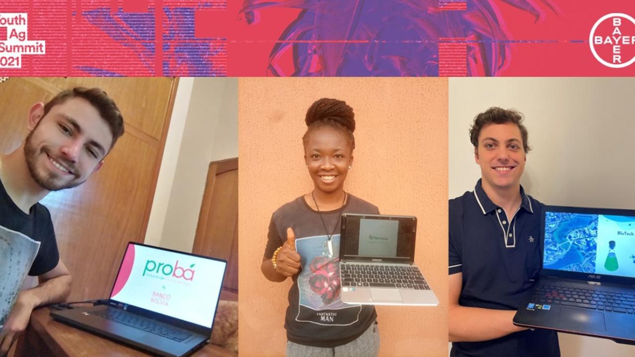 three separate winners' profiles each holding a laptop computer. Bayer logo in the top right.
