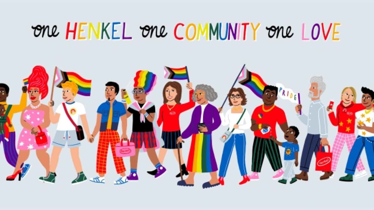 Artistic representation of pride parade with the words, "one Henkel, one community, one love"