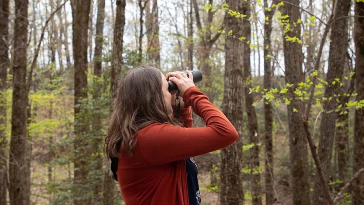 Audubon South Carolina’s Jennifer McCarthey Tyrrell, in orange sweater, looking through binoculars