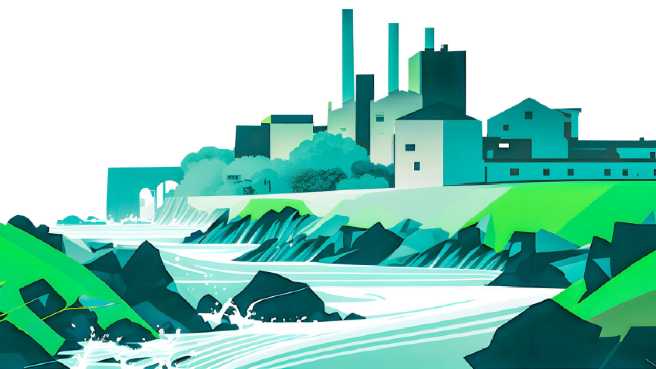 Factory by a stream