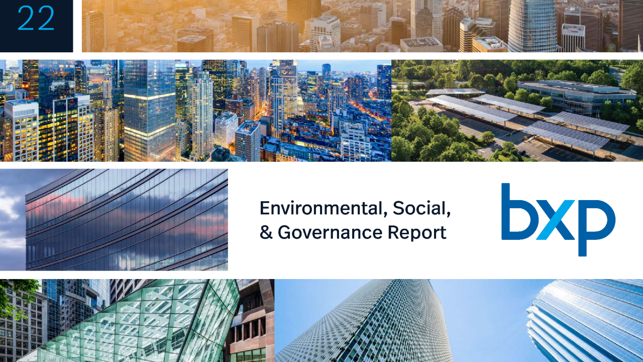 2022 bxp Environmental, Social, & Governance Report with cityscapes in background