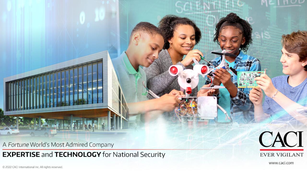 image with building in background with children in the foreground and CACI logo