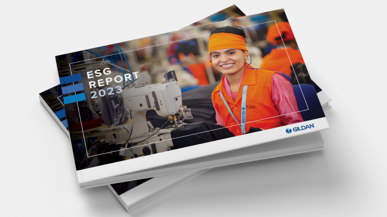 Gildan's 2023 ESG Report cover page mocked up on a grey background