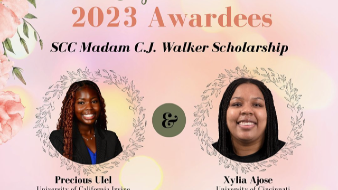 Pink floral background with two headshots of the award winners 