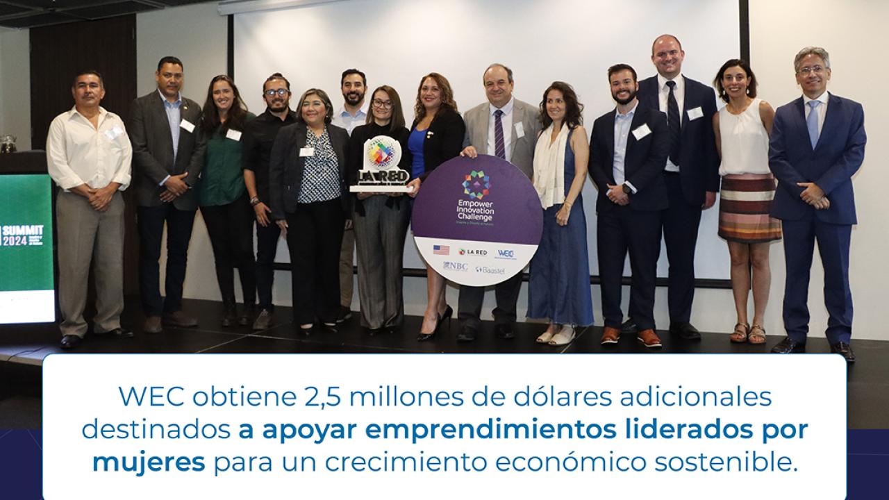 Image with EIC WEC and partners logo with image of hands celebrating. Text reads in Spanish: WEC secures additional $2.5 million to build capacity of women-owned businesses for sustainable economic growth