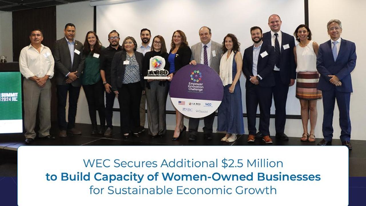 Image with EIC WEC and partners logo with image of hands celebrating. Text reads in WEC secures additional $2.5 million to build capacity of women-owned businesses for sustainable economic growth